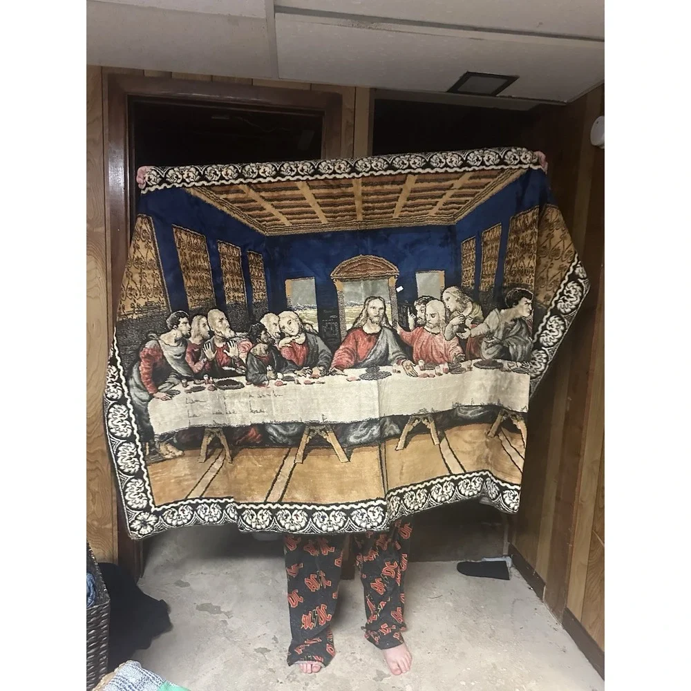 Vtg Tapestry Rug Fabric Wall Hanging Sacred Heart Jesus Last Supper EUC Large